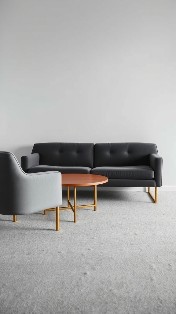 A minimalist living room featuring grey furniture with gold legs and a round wooden coffee table.