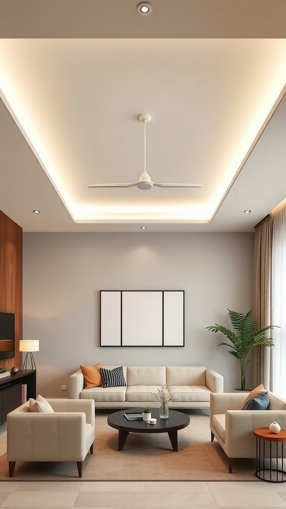 Minimalist living room with clean lines, featuring subtle ceiling lighting and a ceiling fan.