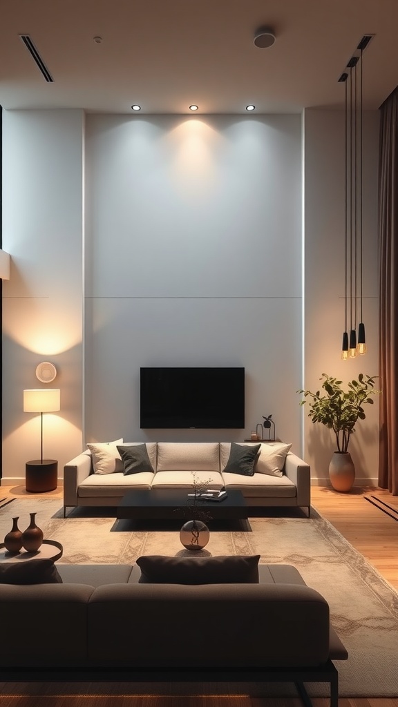 Minimalist living room with various lighting fixtures and a modern decor