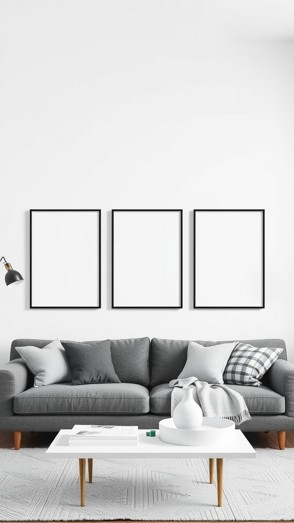 A modern living room setup with a gray sofa, cozy cushions, and three empty frames on a white wall.