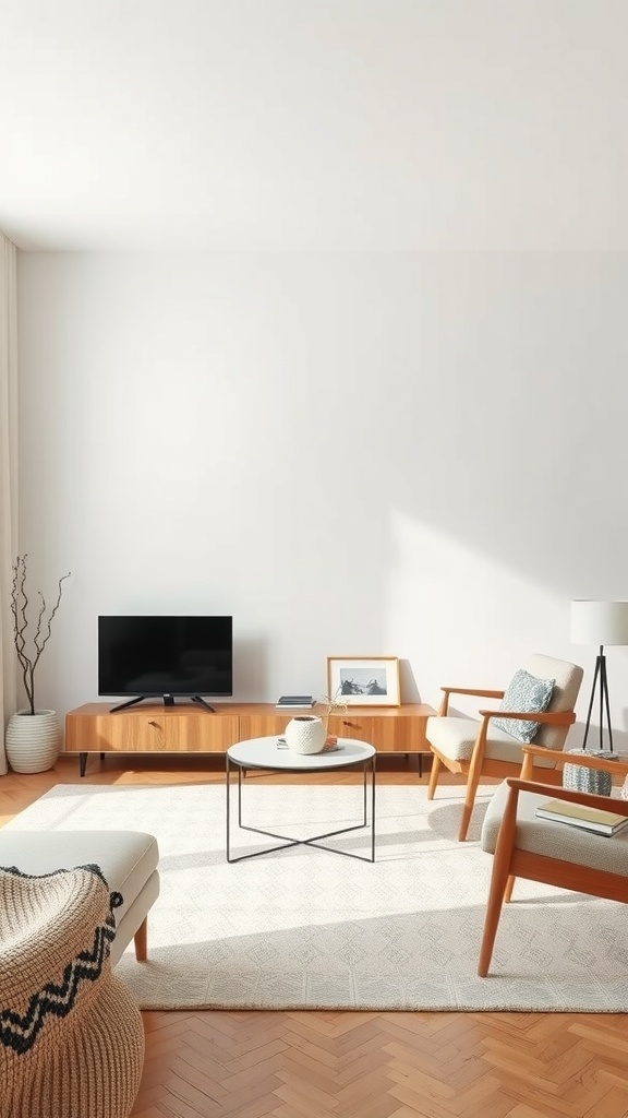 A minimalist living room featuring light neutral walls, warm wooden furniture, and soft textures.