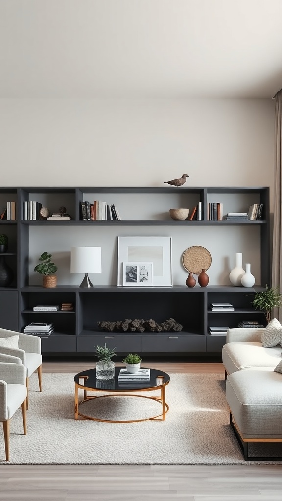 A minimalist living room featuring open shelving with books and decorative items