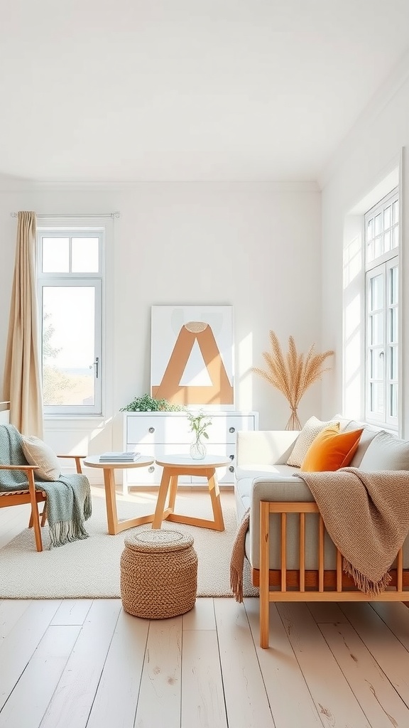 A minimalist Scandinavian living room featuring light colors, wooden furniture, and cozy textiles.