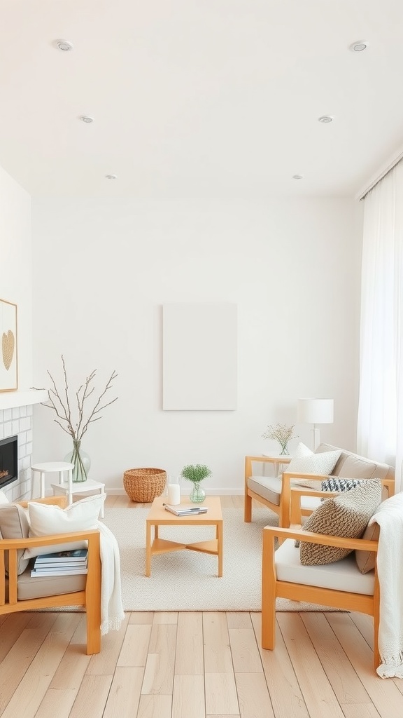 A minimalist Scandinavian living room with light wood furniture, neutral colors, and a cozy atmosphere.