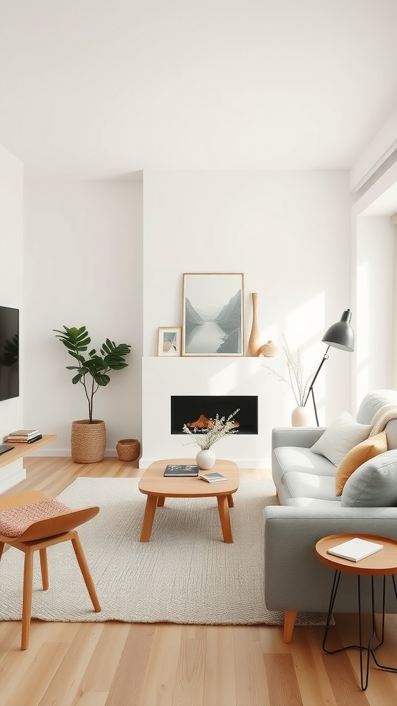 A minimalist Scandinavian living room featuring light colors, natural wood furniture, and indoor plants.