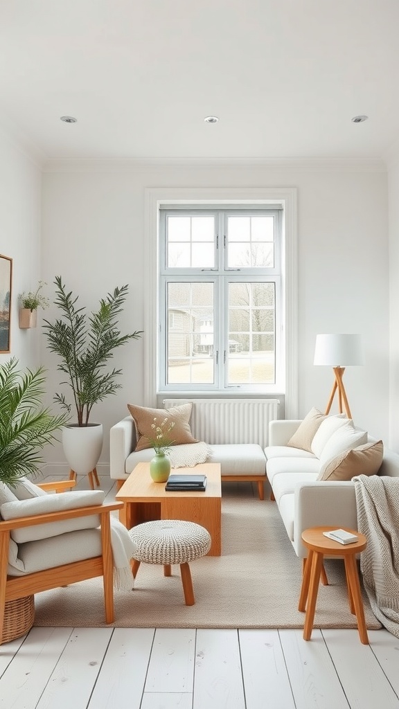 A minimalist Scandinavian living room showcasing white walls, natural wood furniture, and potted plants.