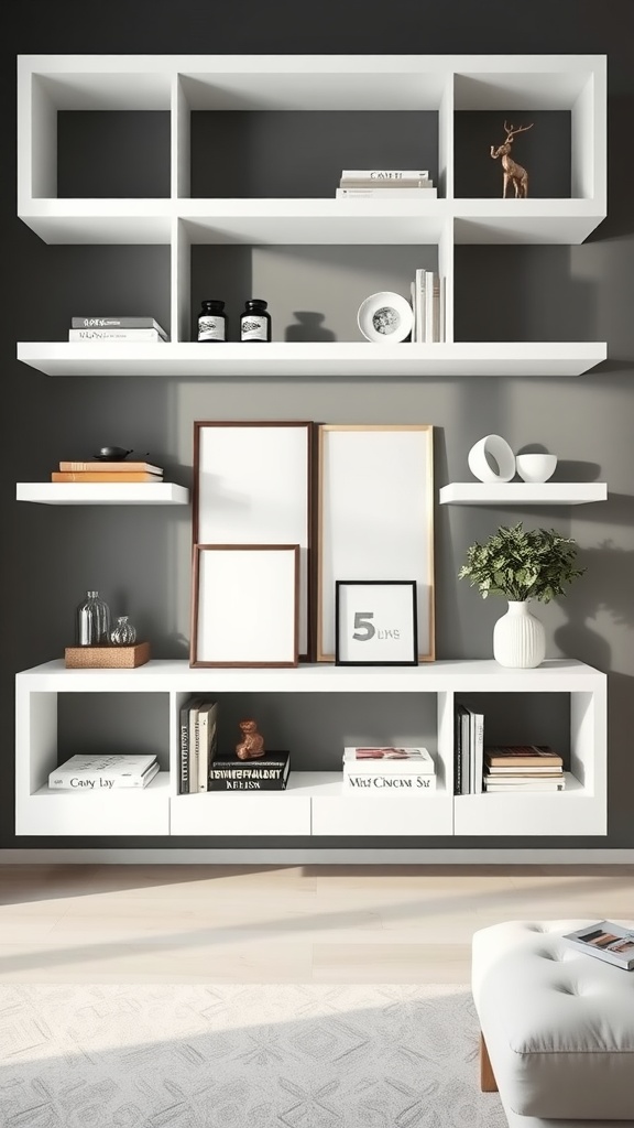 Minimalist white shelves in a modern living room, showcasing a clean and organized aesthetic.