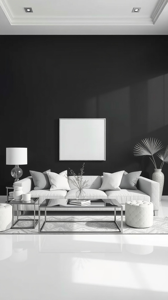 A minimalist living room with a black wall, white couch, silver decor accents, and stylish furnishings.