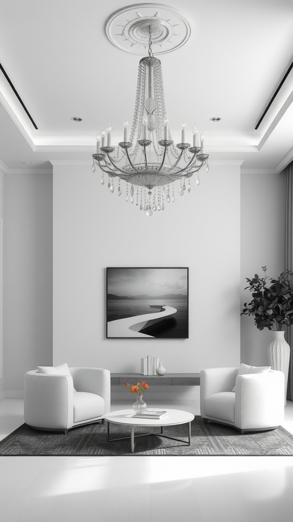 A stylish living room featuring a silver chandelier, minimalist furniture, and a monochrome color scheme.