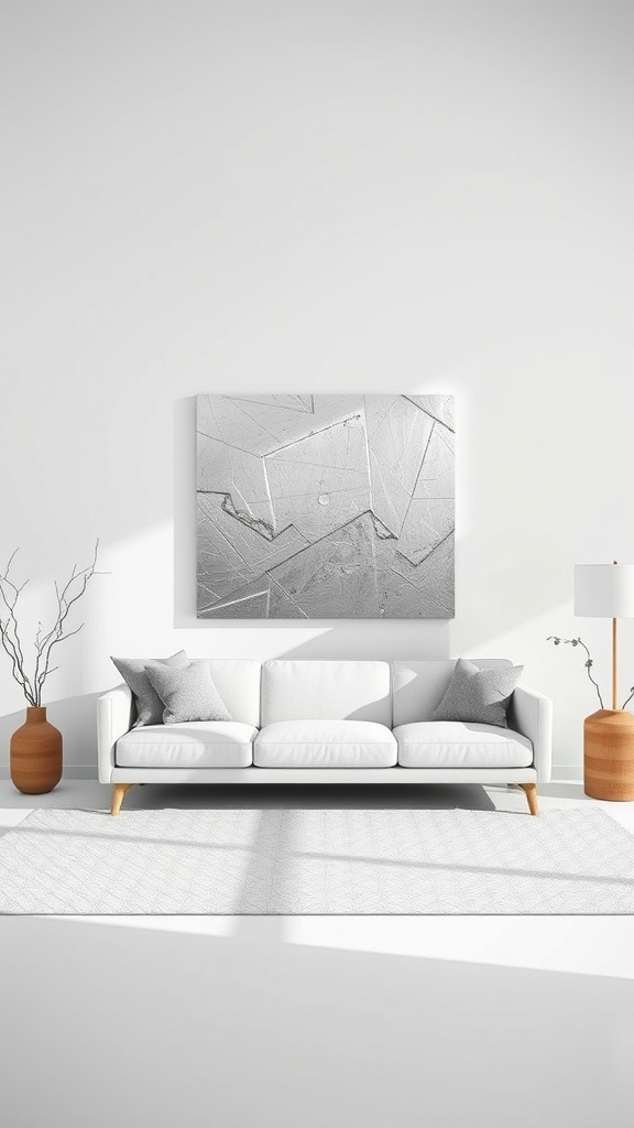 A minimalist living room featuring silver wall art above a white sofa with soft cushions.