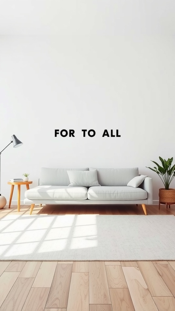 A minimalist living room featuring a light-colored sofa, wooden flooring, a small side table with a lamp, and a potted plant.