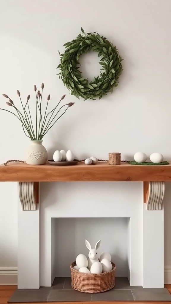 Minimalist spring-style fireplace mantel with green wreath, white eggs, and a bunny figure.