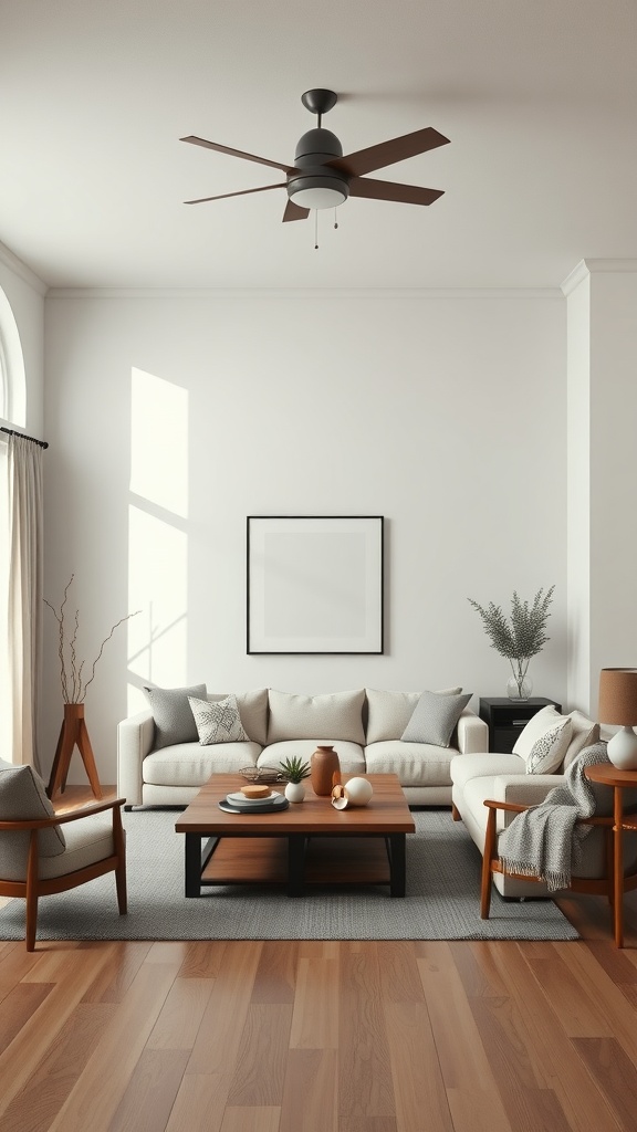 A minimalist western-style living room featuring a beige sofa, wooden coffee table, and natural accents.