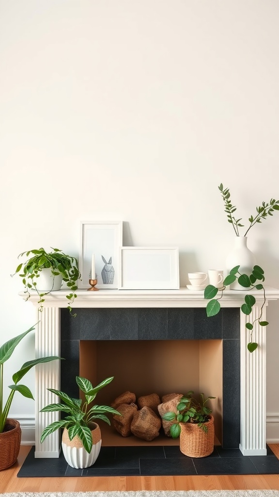 A minimalist mantel decoration featuring white elements and green plants.