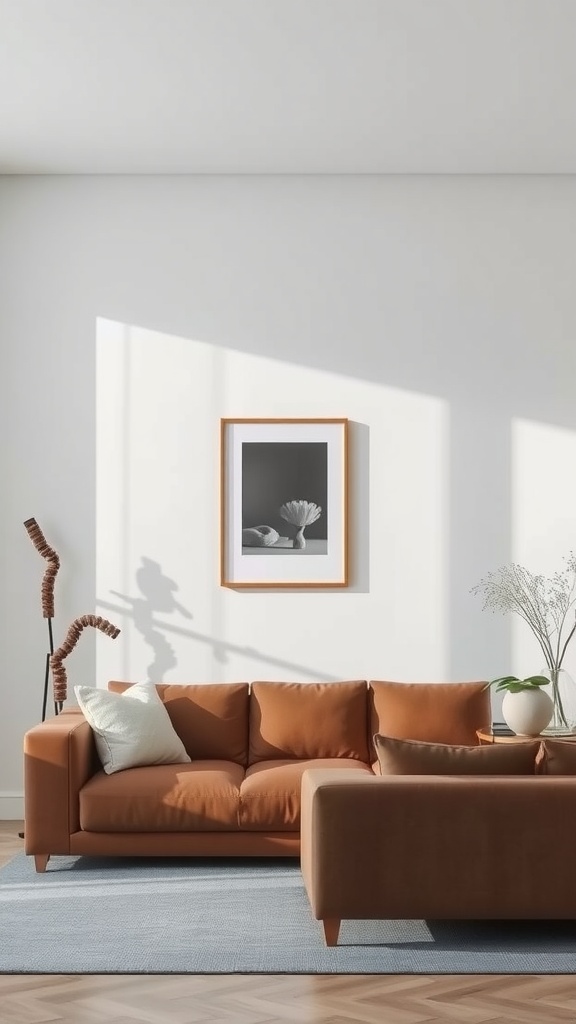 A cozy living room featuring a minimalist white wall, an orange sofa, and a decorative floor lamp.