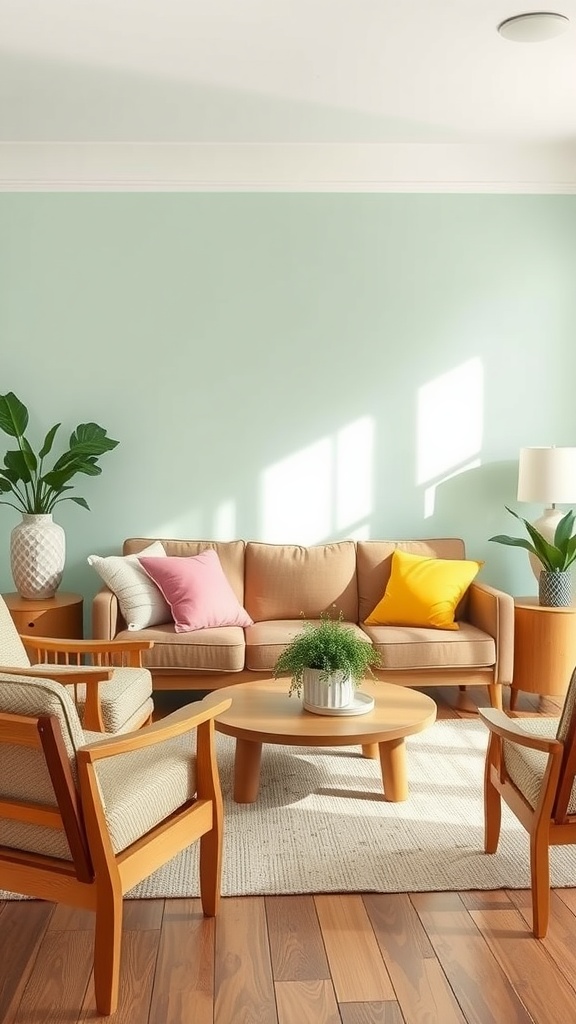 Living room with mint green accent wall, beige sofa, colorful pillows, and wooden furniture