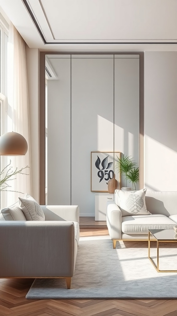 A stylish living room featuring a mirror accent wall with modern furniture and decor.