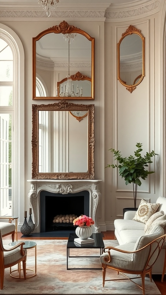 Elegant living room featuring intricate mirror frames above a fireplace, showcasing a sophisticated interior design.