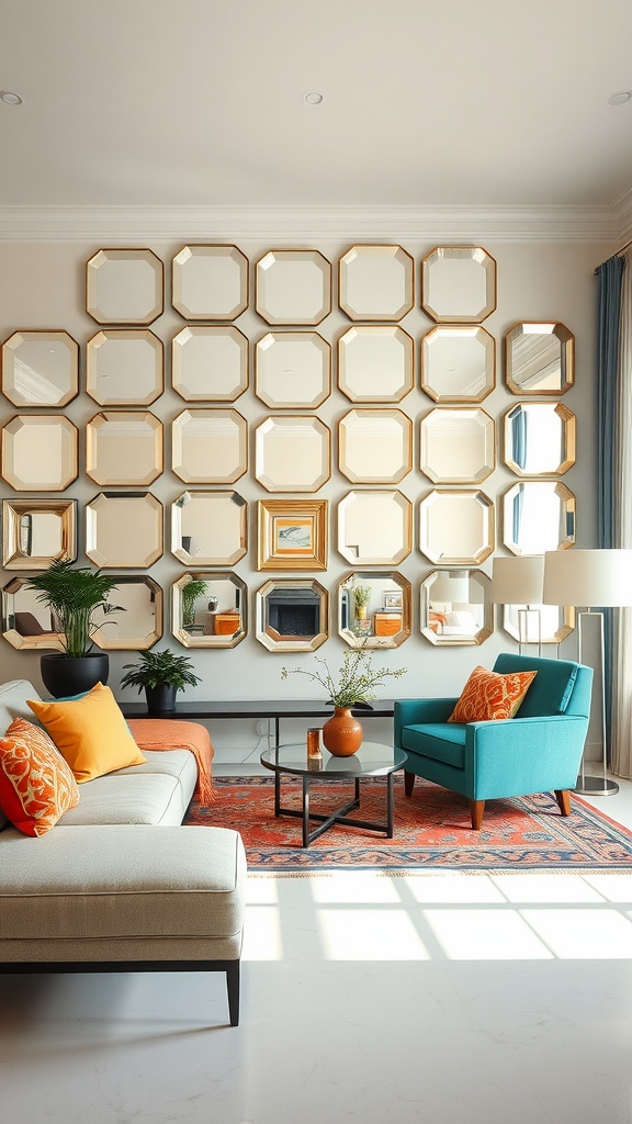 Living room with a mirrored accent wall featuring hexagonal mirrors in golden frames, a cozy sofa, and a vibrant blue armchair.