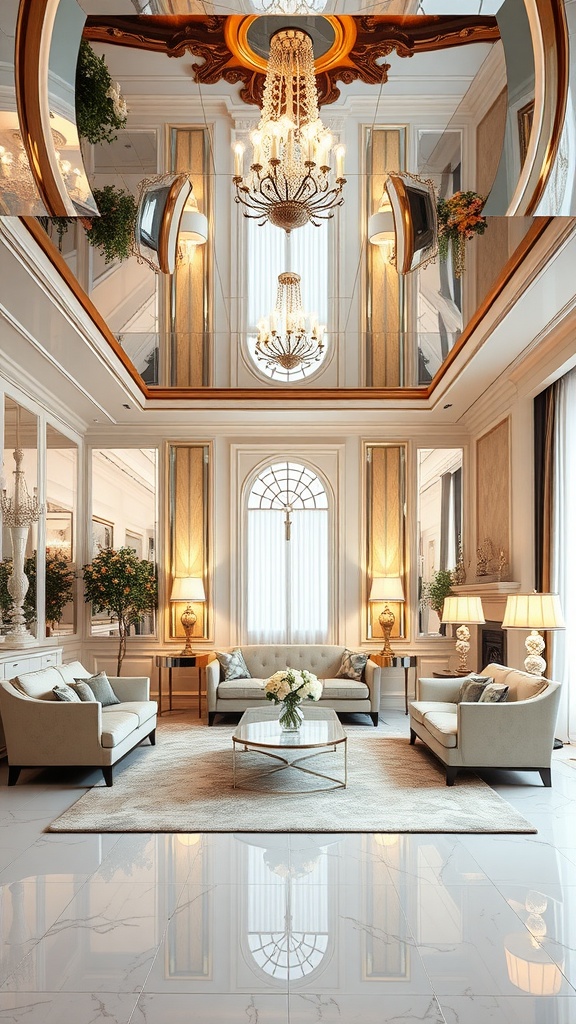 A living room featuring a mirrored ceiling, elegant chandelier, and stylish furnishings, creating a glamorous atmosphere.