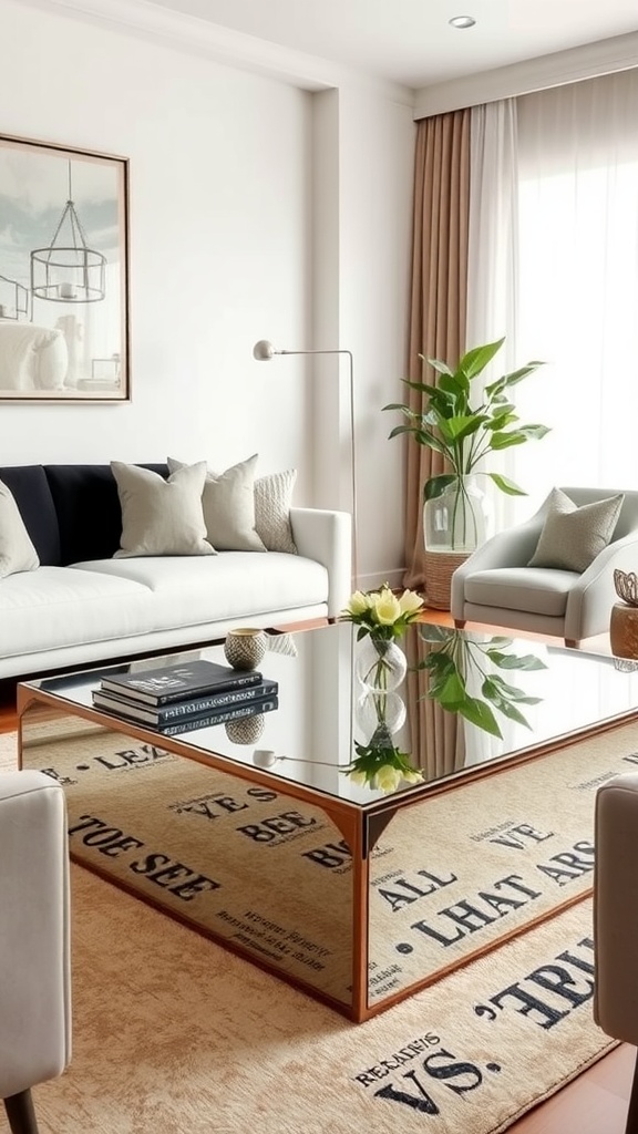 A modern living room featuring a mirrored coffee table, a cozy sofa, and decorative elements