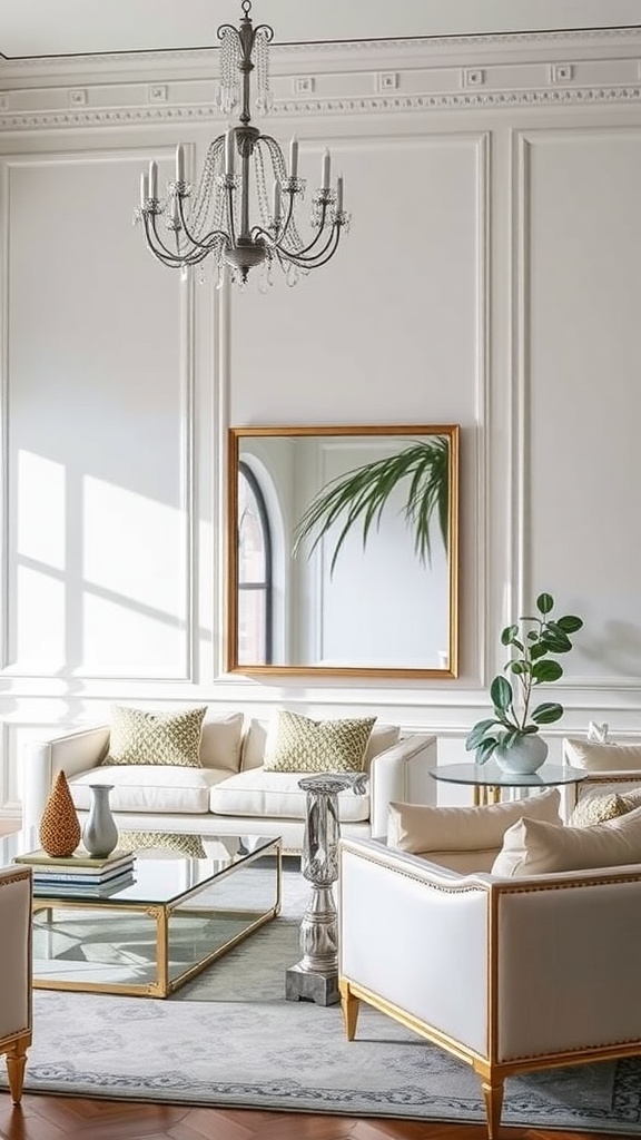 A stylish living room featuring mirrored furniture, elegant lighting, and soft textures.