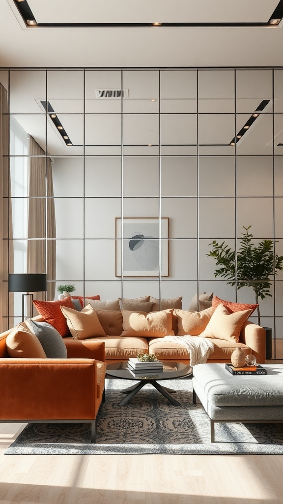 Cozy living room with mirrored wall panels, modern furniture, and warm color palette