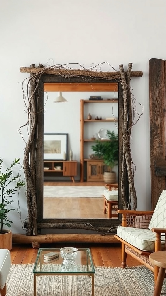 A large mirror framed with rustic wood and vines, reflecting a cozy living room.