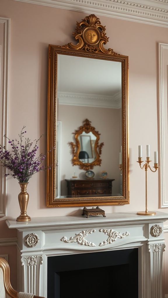 An ornate gold-framed mirror above a white mantel, with decorative elements and a pink wall.