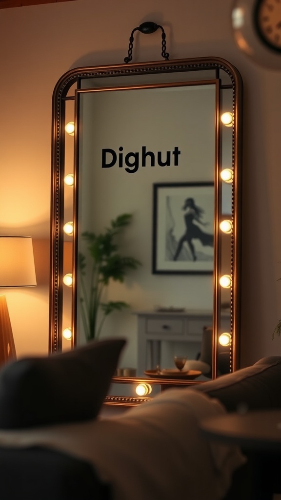 A large mirror with ambient lighting, framed by lights, reflecting a cozy living room scene.