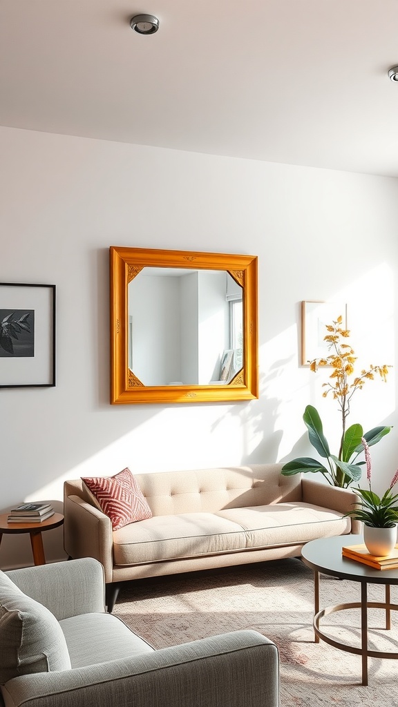 A living room featuring a bold orange-framed mirror, neutral furniture, and sunlight streaming in.