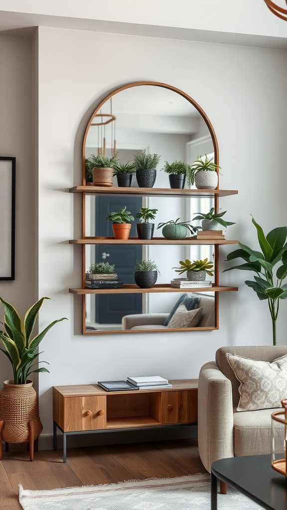 A decorative wall mirror with shelves displaying plants and decorative items in a living room.