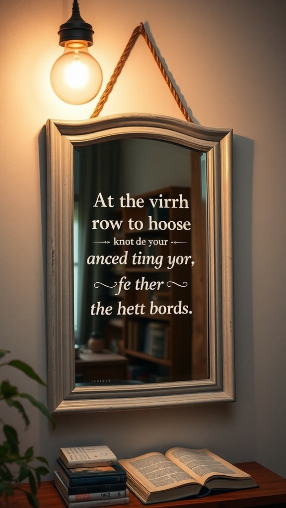 A decorative mirror with an inspirational quote hanging on a wall, illuminated by a warm light.