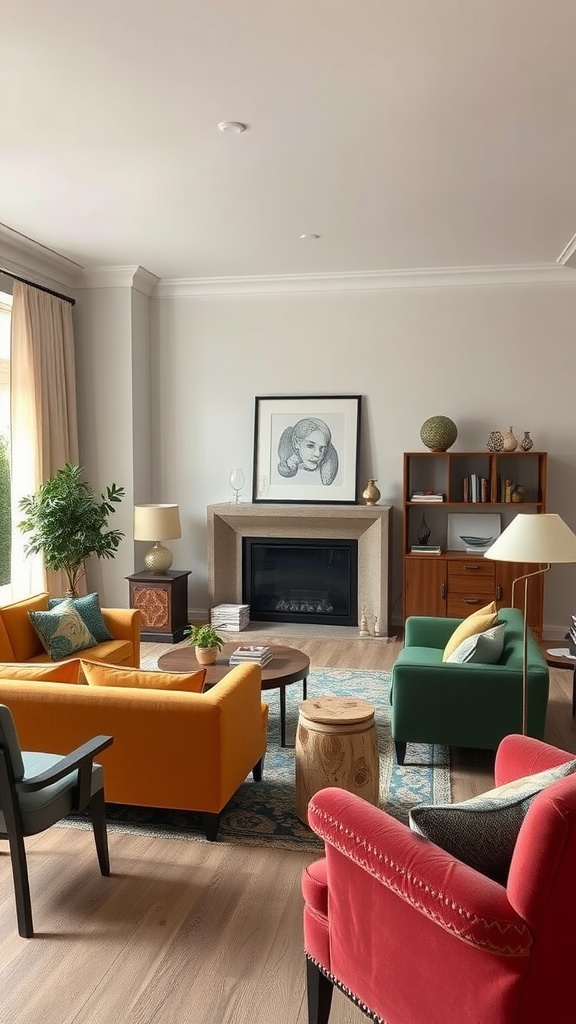 A cozy living room with mismatched colorful furniture including orange and green chairs, a red armchair, and a round coffee table.