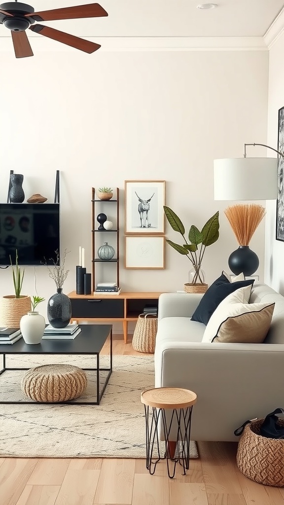 A stylish beige and black living room featuring a mix of accessories including a coffee table, cushions, plants, and artwork.