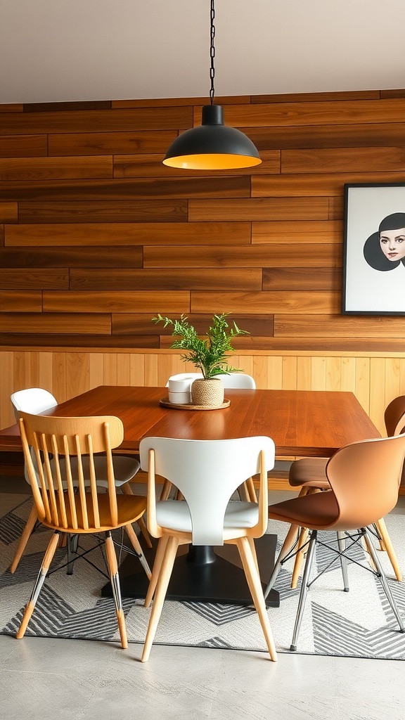 A dining area with a mix of different style chairs around a wooden table, featuring a pendant light and wall art.