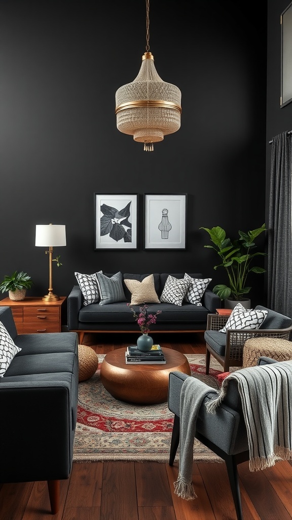 A cozy black boho living room featuring a mix of furniture styles, including dark sofas, a wooden coffee table, and decorative accents.