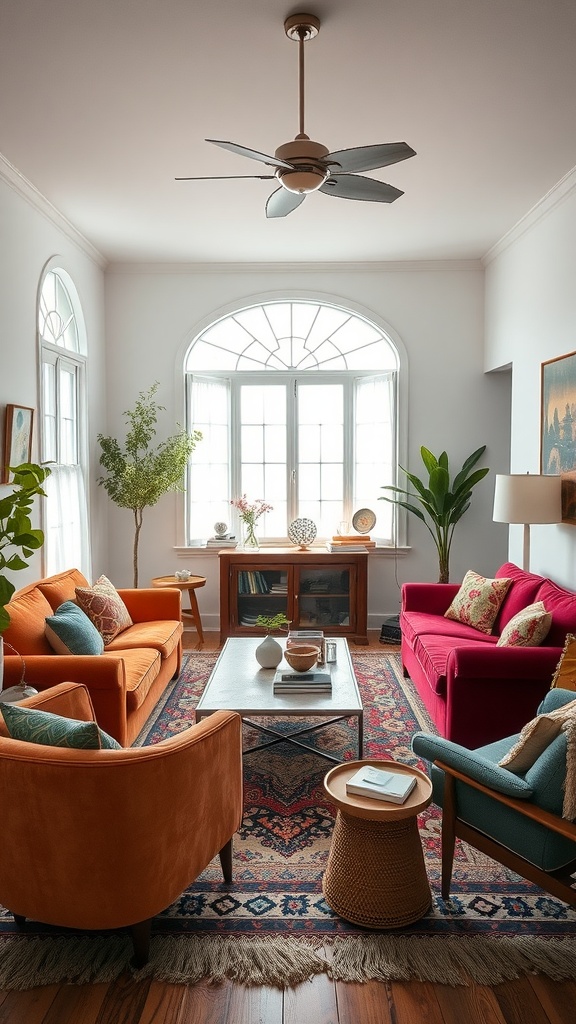 A colorful boho living room with orange and pink sofas, a coffee table, and plants.