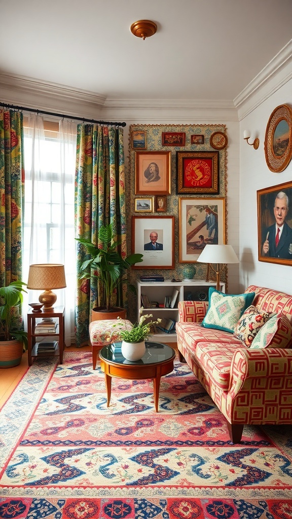 A colorful boho industrial living room featuring a patterned sofa, floral curtains, and an intricate rug.