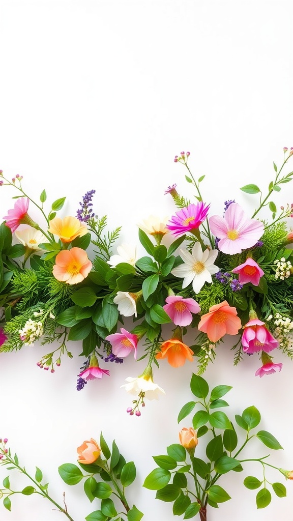 A vibrant garland of mixed greenery and colorful flowers on a white background