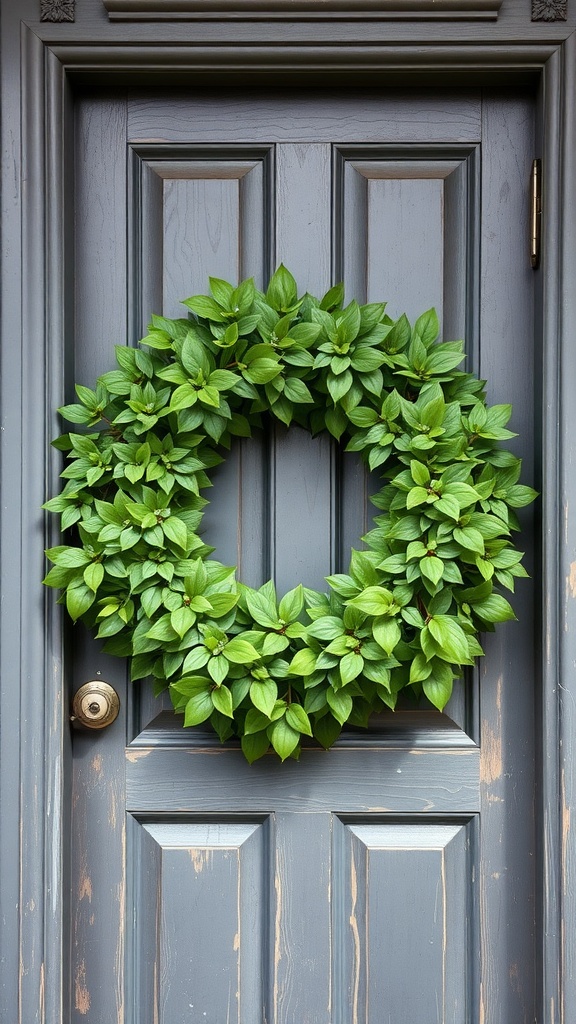 A mixed greenery wreath made of vibrant green leaves, hanging on a grey door.