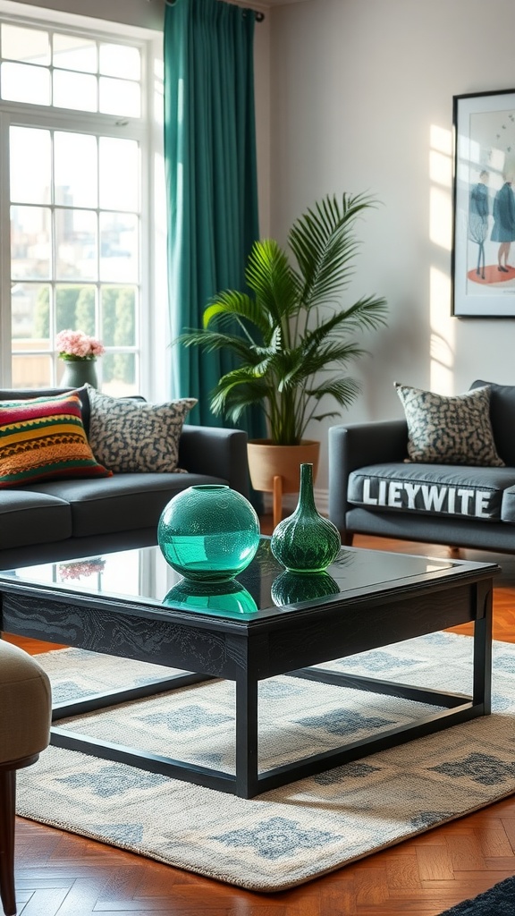 A modern living room featuring a mixed material coffee table with vibrant green decor, black furniture, and a patterned rug.