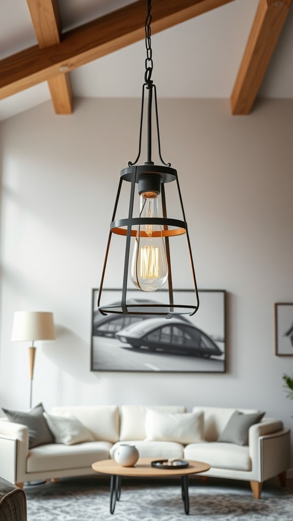 A stylish pendant light made of black metal with wooden accents hanging above a cozy living room with white sofa and wooden coffee table.