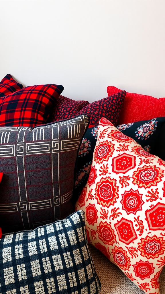 A collection of mixed patterned red and black cushions piled together