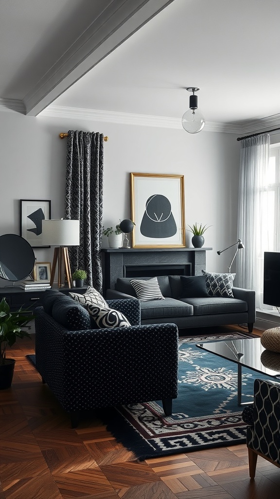 A living room featuring navy blue and black mixed patterns with a navy sofa, patterned pillows, and a vintage rug