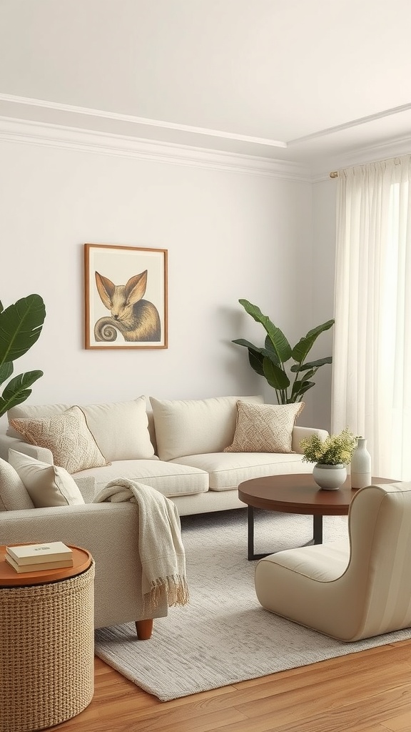 A beige living room featuring a cozy sofa, textured fabrics, and natural plants.