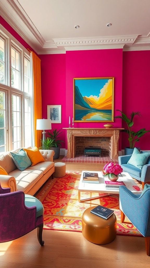 A colorful living room featuring pink walls, a beige sofa, blue chairs, and a golden coffee table.