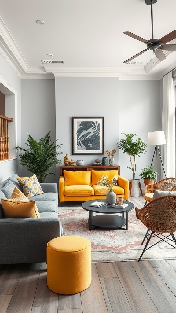 Living room featuring grey and yellow furniture with plants and decorative items.