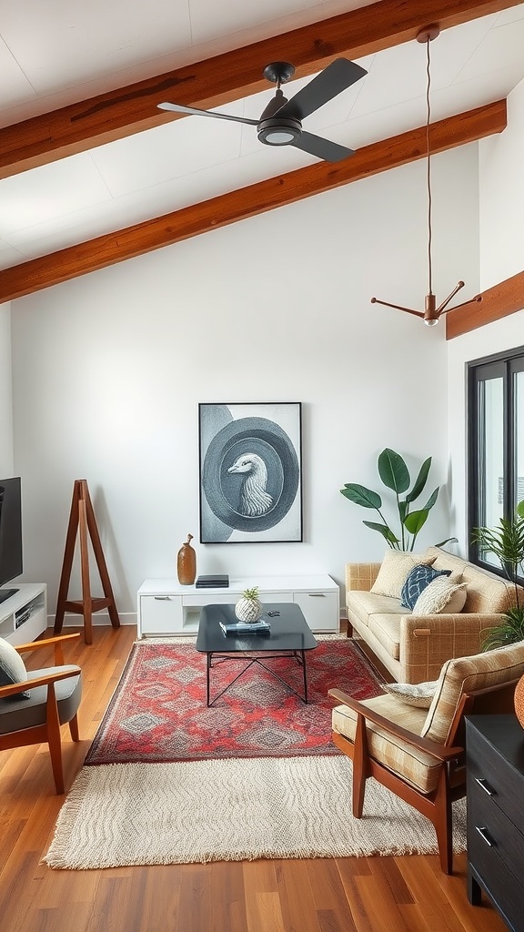 A midcentury modern living room featuring wooden beams, a cozy couch, and a mix of materials.