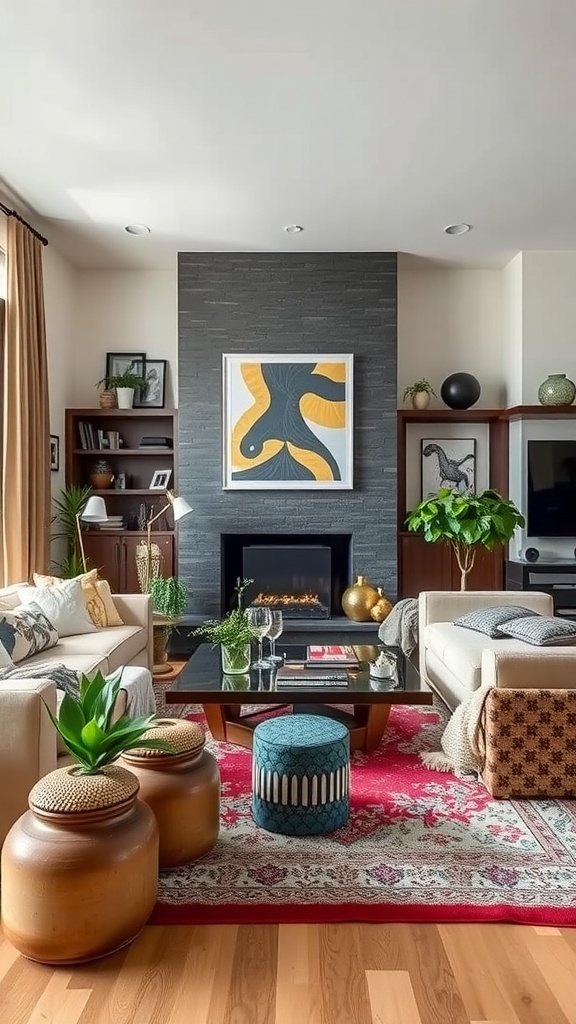 A modern bohemian living room with sleek furniture, vibrant decor, and natural elements.